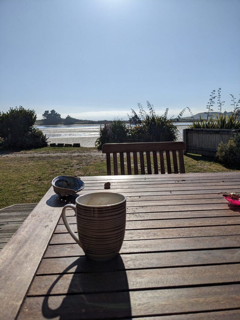 Coffee while taking it all in, Karitane, Dunedin, New Zealand